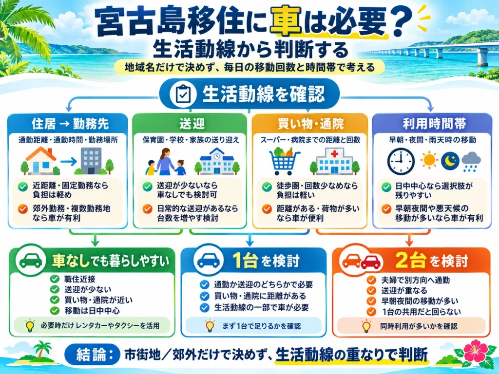 宮古島移住で車が必要かを、住居から勤務先、送迎、買い物・通院、利用時間帯から判断し、車なし・1台・2台に分岐する図解