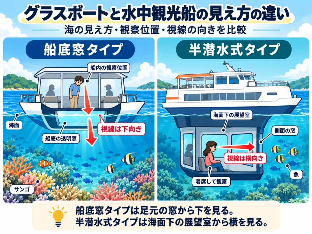 グラスボートの船底窓タイプと半潜水式水中観光船の見え方を比較した断面図。左は船底の透明窓から下向きにサンゴや魚を観察し、右は海面下の展望室に座って側面の窓から横向きに魚を見る様子。