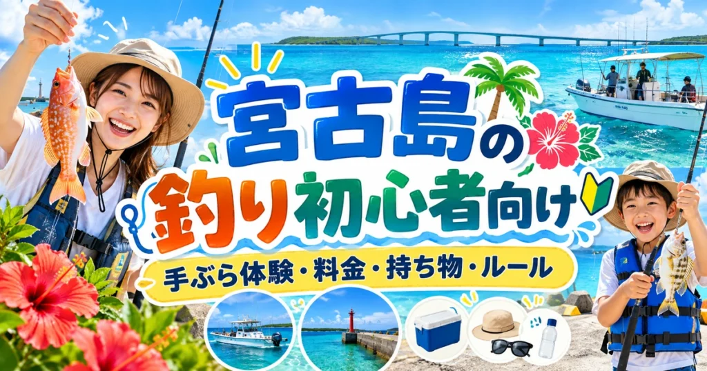 宮古島の海で釣った魚を持つ女性と子ども、釣り船や港、持ち物を組み合わせた初心者向け釣りガイドのアイキャッチ