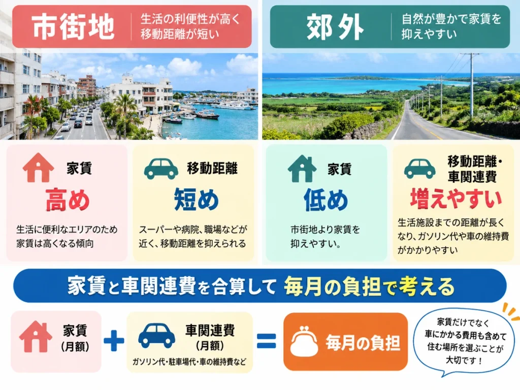 市街地と郊外の家賃・移動距離・車関連費を比較し、家賃と車関連費を合算して毎月の負担を考える図解