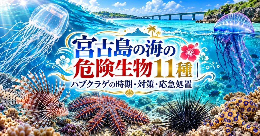 宮古島の青い海を背景に、ハブクラゲやカツオノエボシ、ミノカサゴ、オニヒトデ、ガンガゼ、ヒョウモンダコを配置した危険生物11種の記事アイキャッチ