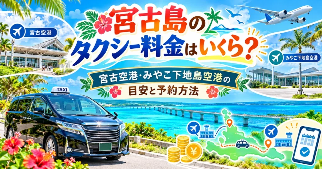 宮古島の海とタクシー、宮古空港・みやこ下地島空港をイメージした「宮古島のタクシー料金はいくら？」のアイキャッチ画像