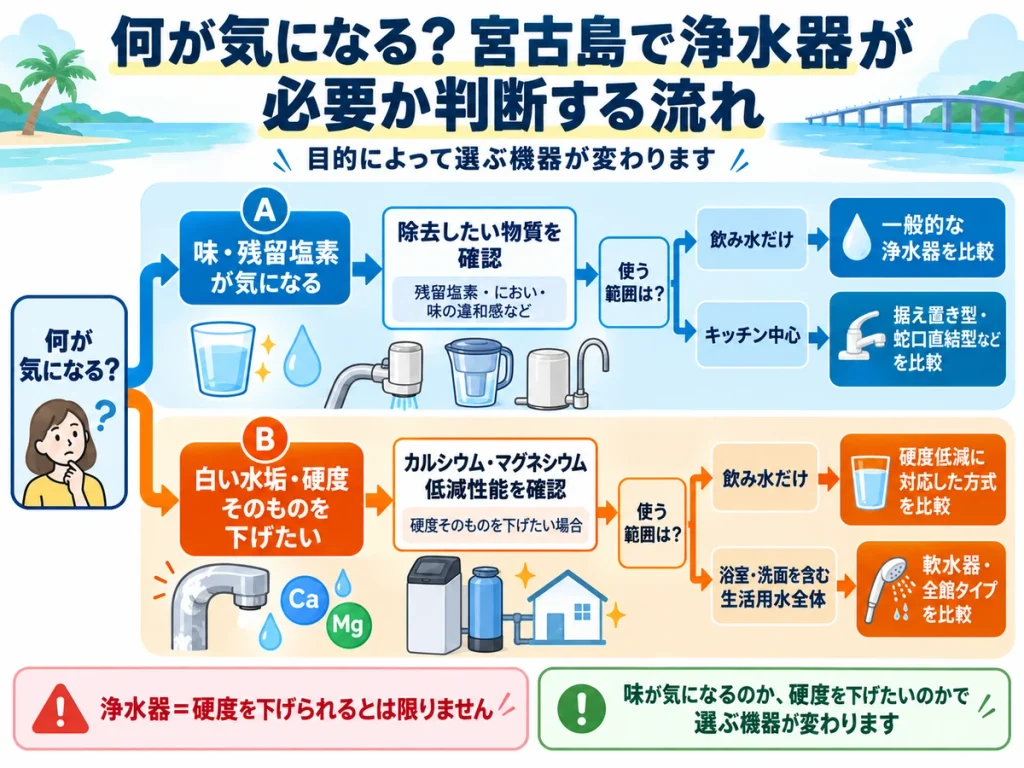味や残留塩素が気になる場合と、白い水垢や硬度を下げたい場合で、浄水器や軟水器の選び方を分けた判断フロー