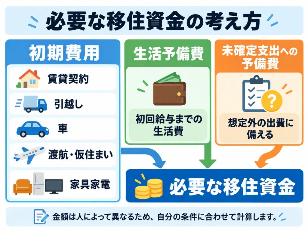宮古島移住の必要資金を、賃貸契約・引越し・車・渡航・仮住まい・家具家電の初期費用、生活予備費、未確定支出への予備費に分けて示した図解